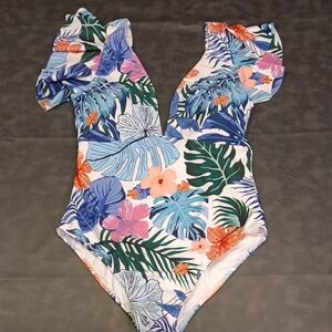 NWT. Binlowis V Neck Ruffle Floral Paradise One-Piece Swimsuit